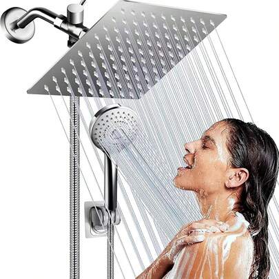 High Pressure Rain Shower Heads, 8" Rain Shower Head, 5 Spray Mode Handheld Shower, Adjustable With Holder, Leak-Proof, 1.5 M Hose (Chrome)