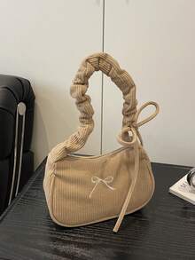 1pc New Fashion Simple Shoulder Handbag, Nylon Bag With Embroidery, Versatile Shoulder Butterfly Bag, High-End Ins Niche Cute Pleated Cloud Shoulder Bag, College Style Large Capacity Retro Tote Bag - Bow Handbag - View 4