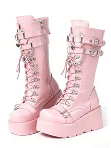Women Punk Motorcycle Pink Boots Platform High Wedge Heel Metal Buckle Side Zipper Lade Up Round Toe Shoes Cool Fashion Gothic Boots For Woman - 粉色 - 查看 2