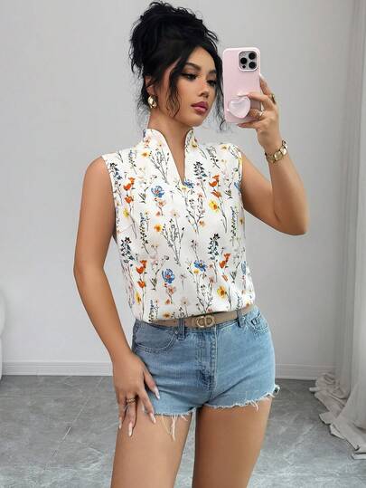 女士休闲百搭旅行衬衫，带有花卉、植物和树叶印花 - 立领、无袖，适合度假、早午餐、春夏季节，非常适合情人节和返校季