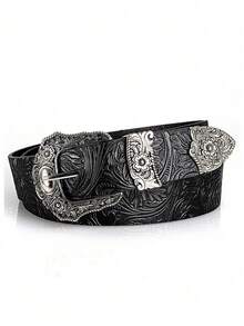 1pc Boho-Chic Black Faux Leather Belt With Vintage Oval Hollow Buckle - Versatile For Jeans, Dresses & Casual Wear - 黑色-b - 查看 7