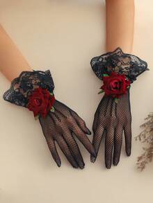 1 Cặp Găng Tay Trang Trí 3D Hoa Hồng Polyester, Lý Tưởng Cho Các Buổi Hẹn Hò Buổi Tối, Tiệc Tùng, Lễ Hội - đen đỏ - Xem 5