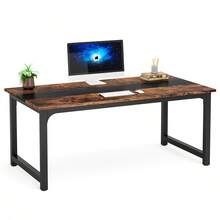 LITTLE TREE Rustic Black Modern Desk 63x31.5 Inch – Large Computer Workstation For Home Office, Study & Workspace - Brown - View 3