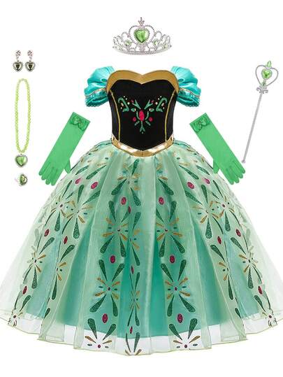 9 件套绿色图案短袖女童连衣裙配饰套装，儿童角色扮演服装，万圣节服装，生日服装