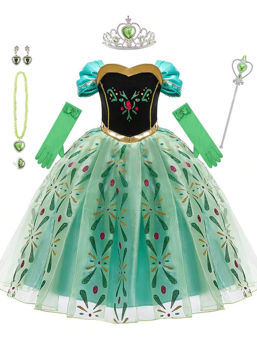 9 件套绿色图案短袖女童连衣裙配饰套装，儿童角色扮演服装，万圣节服装，生日服装