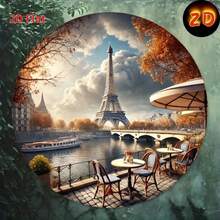 1 Peça Placa de Metal Redonda de 8 Polegadas com Impressão 2D Plana, Vista do Rio de Paris com Torre Eiffel - Decoração de Arte de Parede, Adequada para Decoração Interna e Externa, Casa, Café, Apartamento, Restaurante, Rua, Sala de Estar, Presente de Feriado, Posição Aleatória do Furo