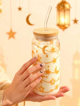 1 pieza Taza de café transparente de 16 onzas, hecha de vidrio borosilicato de alta calidad con diseño de estrella, luna, sol y ojo de ángel de dibujos animados, incluye tapa y pajita de bambú, gran capacidad para bebidas/jugos al aire libre, adecuada para otoño e invierno, Ramadán, regalos para reuniones de San Valentín/cumpleaños/fiestas, botella de agua de vidrio para regalo de Navidad