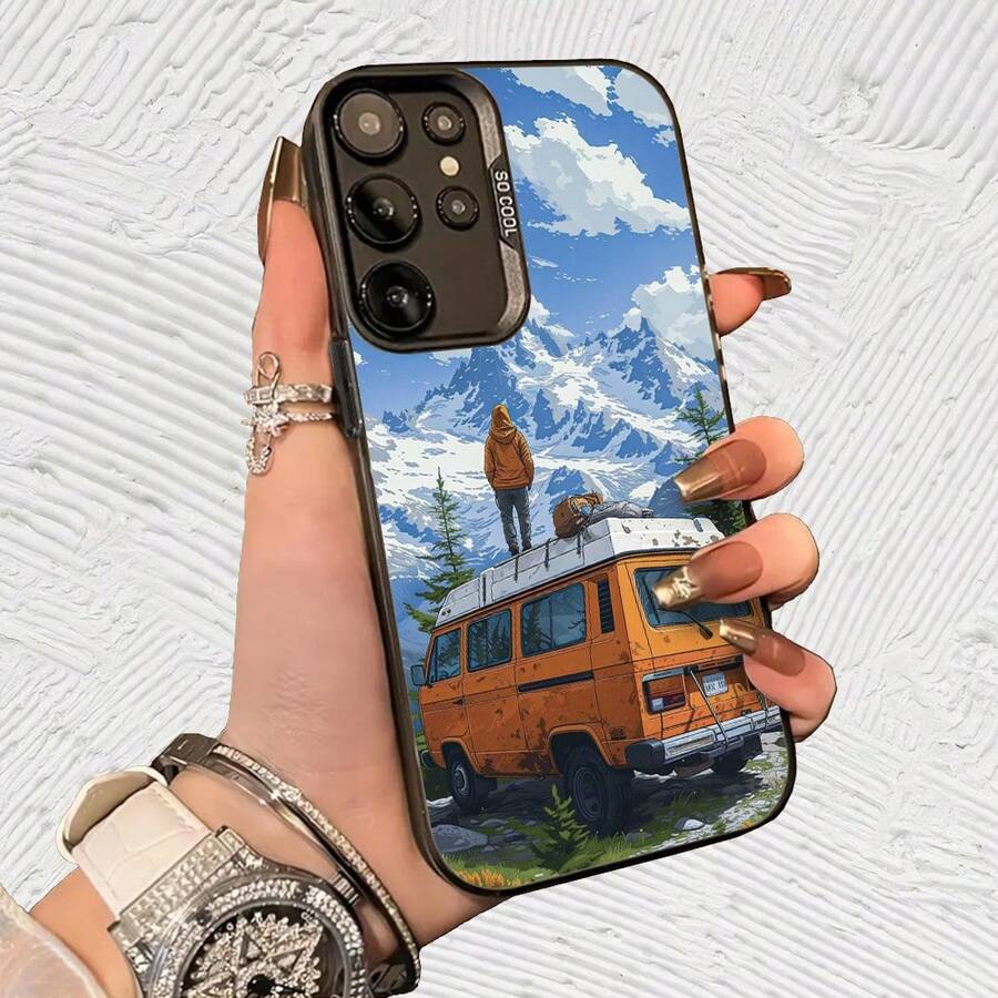 Camper con montañas nevadas Impresión UV para iPhone 11/12/13/14/15/16 Plus/17 Pro Max (Regalos de Navidad seleccionados, regalos por el Día Nacional, regalos por el Día de la Independencia, regalos de San Valentín, regalos de cumpleaños, sorpresa - Negro transparente - Ver 1
