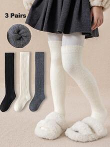 1双/3双装儿童加厚羊毛混纺过膝袜，黑白配色，女童保暖冬季长袜