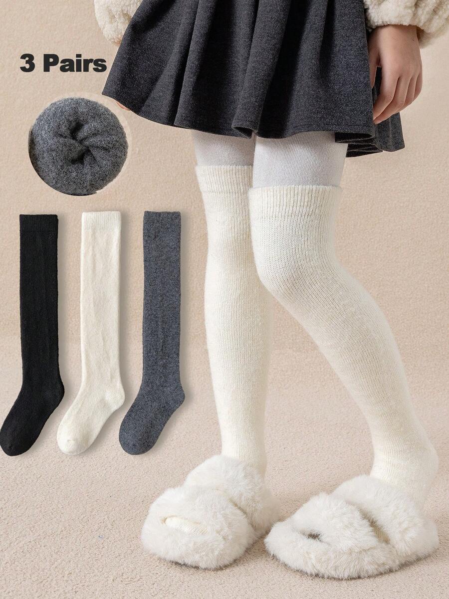 1双/3双装儿童加厚羊毛混纺过膝袜，黑白配色，女童保暖冬季长袜