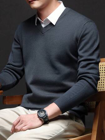 メンズVネック 無地 厚手ニットセーター 秋冬