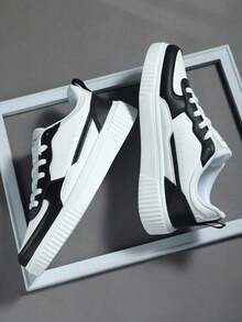 大码时尚休闲男鞋，经典时尚男士运动鞋系带跑步鞋，个性化男士休闲运动鞋街头鞋 - 黑與白 - 查看 1