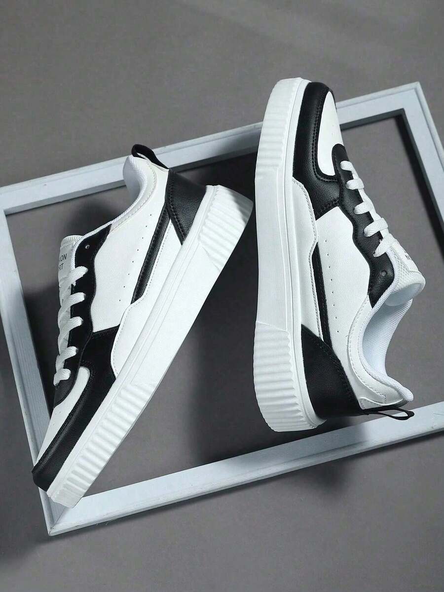 大码时尚休闲男鞋，经典时尚男士运动鞋系带跑步鞋，个性化男士休闲运动鞋街头鞋 - 黑與白 - 查看 1