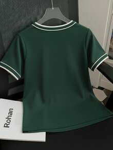 Women's Short-Sleeve Ribbed Blouse, Plain, Round Neck With Collar And Sleeve Details, Elegant Basic Style - Dark Green - View 2