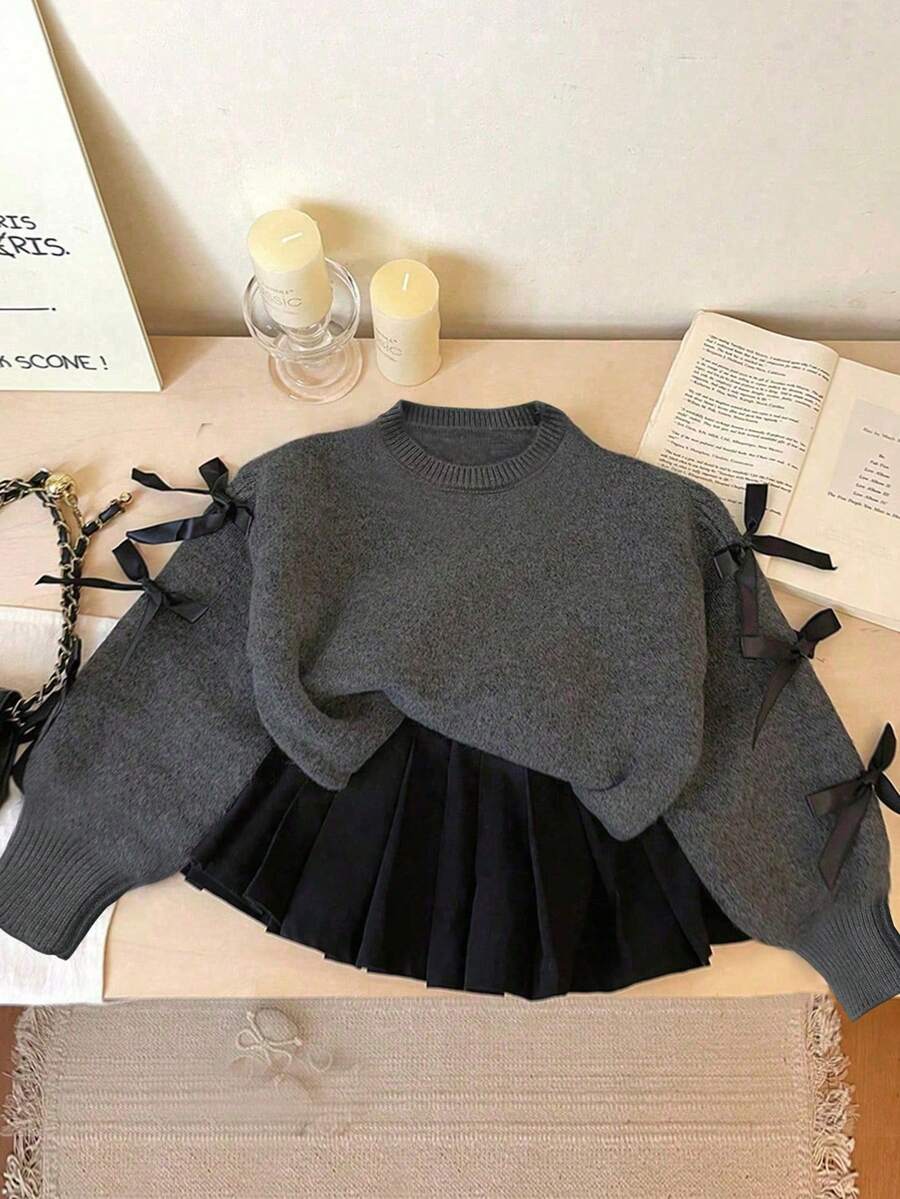 Young Girl Bow Detail Drop Shoulder Sweater - Black - View 1