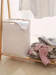 1个极简主义可折叠洗衣篮，带木柄，浴室/卧室衣物/杂物收纳篮 - 白色 - 查看 4