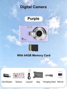 1 Pc Q12 Digital Camera With 64G Memory Card,50 Million Pixels 2.4-Inch Screen Portable Camera, Rechargeable Camera CCD & Multiple Filter Modes. Portable Anti-Shake Smart Zoom Digital Camera For Outdoor