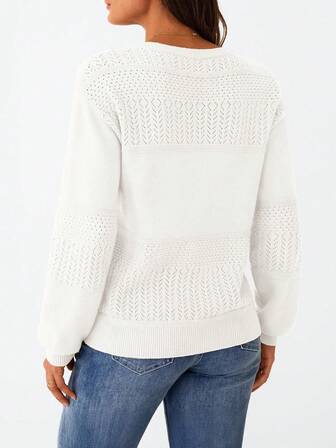 Women's Loose Fit Long Sleeve Knit Sweater, Elegant Crochet Design V-Neck Hollow Pullover, Casual Wear For Spring & Autumn