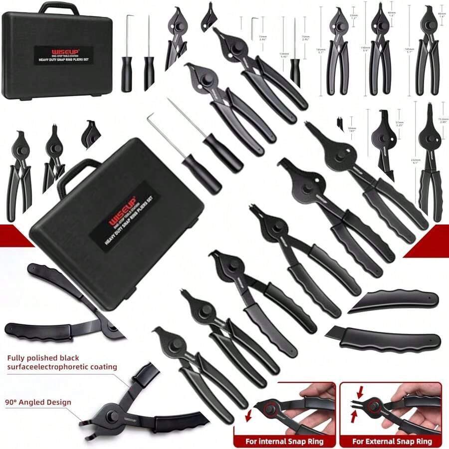 10-Piece Snap Ring Pliers Set For C-Clip Ring Remover With Storage Case & Straight Bent Jaw Tips - 黑色 - 查看 1