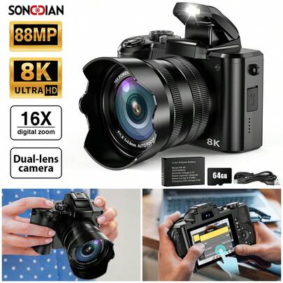  Máy ảnh kỹ thuật số SONGDIAN 8K 88MP, thích hợp cho chụp ảnh và quay vlog, có tự động lấy nét, màn hình cảm ứng LCD, zoom kỹ thuật số 16X, pin 1500mAh, ống kính kép, loa che nắng, chống rung hình ảnh, hỗ trợ thẻ nhớ TF 64GB và đèn flash, ống kính bền bỉ và chất lượng cao, món quà Giáng sinh lý tưởng, màu đen.