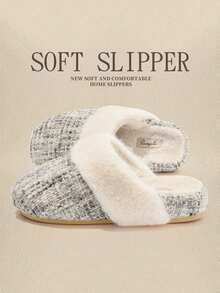 نعال نسائية قماشية، نعال مسطحة من الفرو مع بطانة ناعمة، مريحة وفضفاضة للارتداء داخل المنزل/خارجه