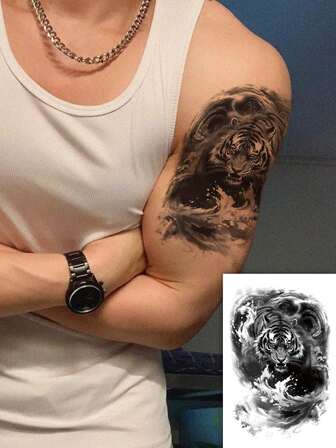 1pc Sexy Tiger & Wave Totem Temporary Tattoo, Realistic & Waterproof, Arm/Leg/Chest/Waist Sexy Body Art Fake Tattoo Sticker, Multipurpose One-Time Tattoo, Easy To Apply And Remove, Daily Travel Beach Body Art Decor Sticker DIY Gift