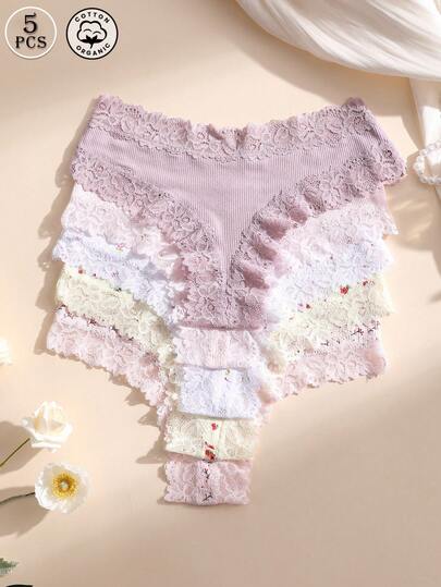 Paquete de 5 bragas tipo tanga de mujer con encaje y parches, de tiro bajo, suaves, cómodas, transpirables, adecuadas para yoga, deportes y uso diario