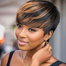 Ombre 1B/33 Color Short Pixie Cut Human Hair Wig - Black With Brown Layered Straight Style For Women, Rose Net Cap, Natural Look For Everyday Style, Fashion Accessory | Layered Style | Hair Texture, Short Hair Wig - Multicolor - View 6
