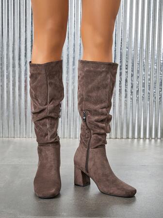 Botas de tacón grueso de punta cuadrada clásicas para mujer, botas de invierno de estilo punk con slip-on, cómodas y elegantes botas hasta el tobillo para fiesta, banquete, baile, tacón alto