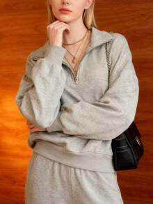 Ladies' New Autumn And Winter Half-Zip Stand-Up Collar Drop Shoulder Sweatshirt With Drawstring Waist Sweatpants Casual Suit