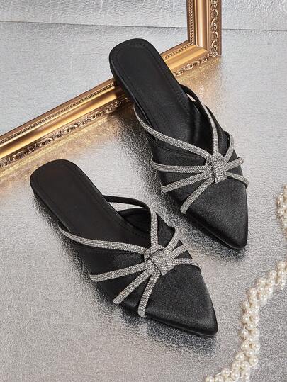 黑色缎面水钻扭纹装饰时尚优雅女士平底鞋，扭纹图案和方向随机，水钻随机，水钻颜色随机