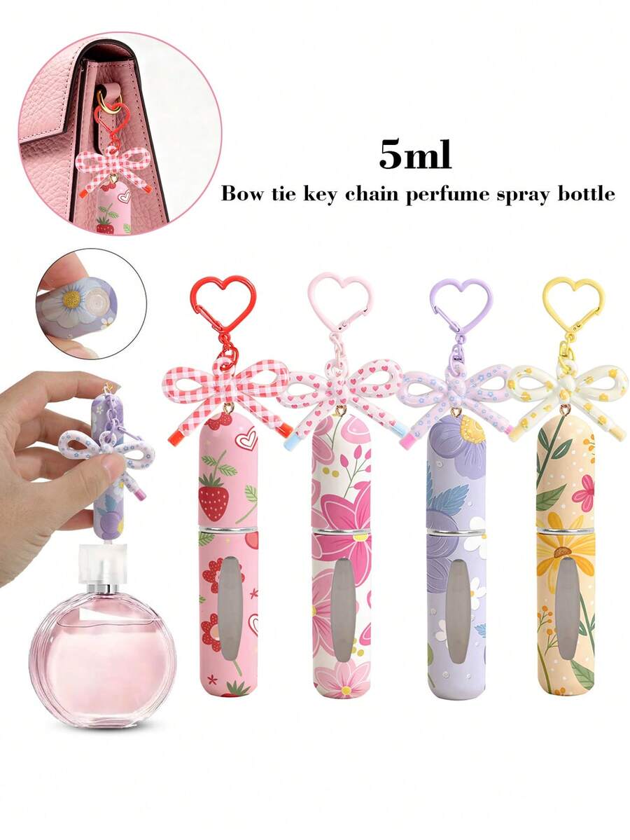 1/2/4个装可爱蝴蝶结吊坠香水瓶钥匙扣，印花化妆瓶挂饰，女士手提包、背包装饰，可填充5毫升香水，生日/节日礼物，旅行必备