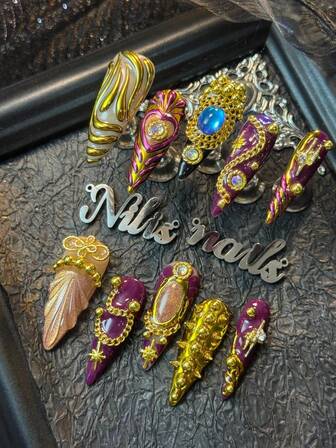 10pcs Stiletto Korean Style Gold 3D Decorative Chrome Y2K Full Coverage Fake Nail Set To Express Your Love, Champagne Cat's Eye French Tip Purple Tie Dye European Style Punk Cute Girl Bohemian Princess Style Decorative Music Festival Nordic Full Coverage Patch Nail Set, Hand Drawn Heart And Geometric Patterns, Equipped With Steel Ball Design Suitable For Girls, Comes With 1 Mini Nail File And 1 Double-Sided Adhesive Label.