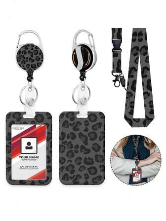Retractable Badge Holder With Inspirational Quotes, Id Name Tag Worker Badge Carabiner Clip Grey Leopard Print Retractable Badge Reel With Detachable Lanyard - Motivational Quotes Id & Key Holder,Vertical Card Protector For Main Office Doctor Nurse Teacher Women Students & Professionals