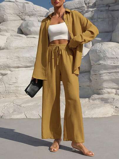 Ensemble deux pièces à manches longues pour femmes - Tenue coordonnée coupe ample, vêtements de détente décontracté