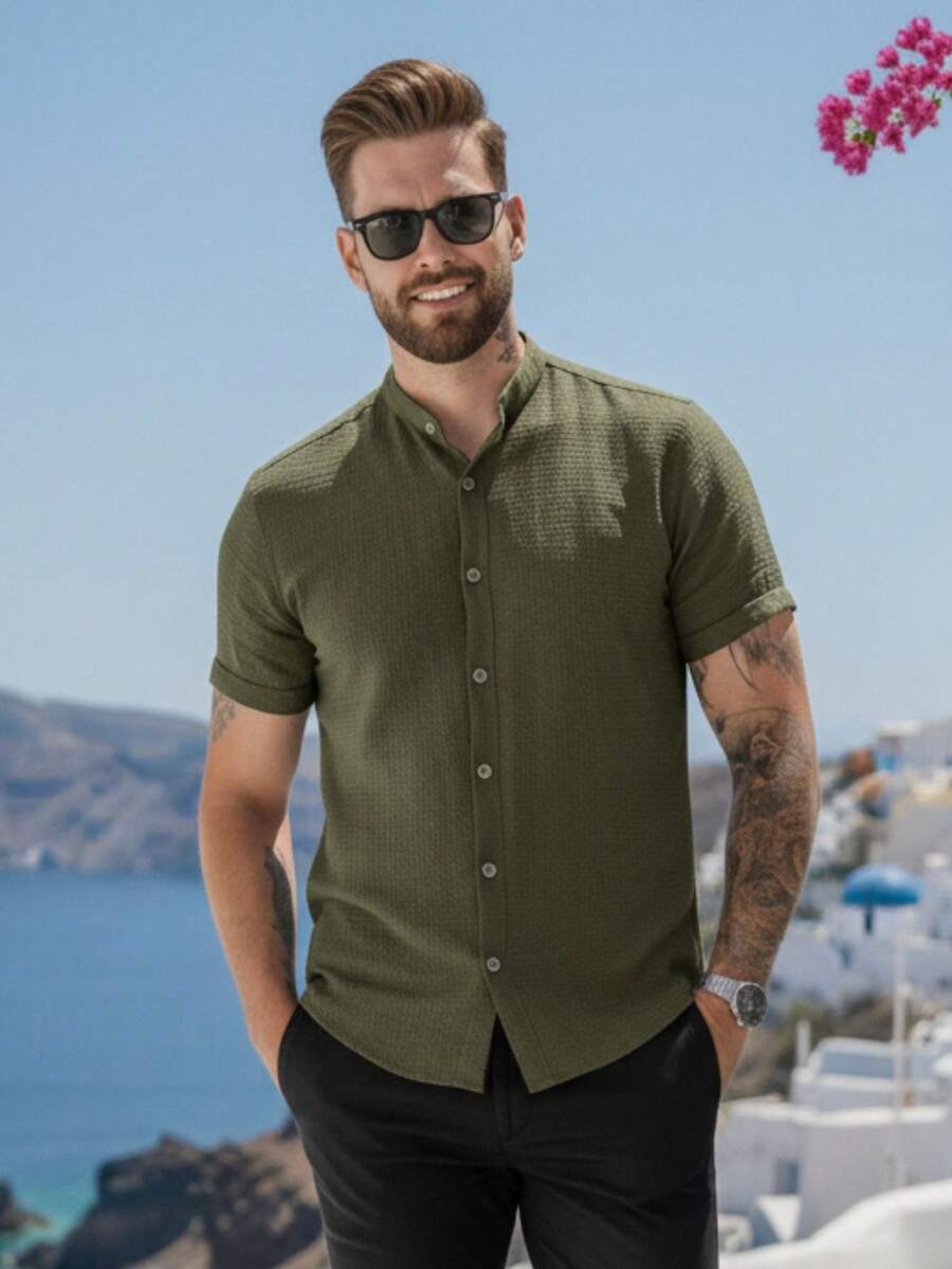 Men's Short Sleeve Shirt With Priest Collar, Linen Look - Assorted Colors - Comfortable - xanh quân đội - Xem 1