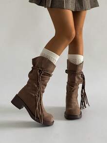 SRSOO Botas de montar de suela gruesa vintage nuevas para otoño 2025, para mujeres, de cuero suave, gamuza, con flecos, cuerda y tacón ancho de media pantorrilla - Marrón - Ver 7