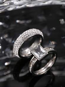 2pcs Elegant Stainless Steel Silver Couple Rings With Men's Diamond Elements And Women's Gemstone Elements, Suitable For Daily Wear, Festivals, Dates, Engagements, Weddings, Comes With Gift Box