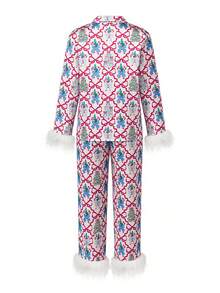 Women Feather Trim Silk Satin Pajama Set Christmas Button Down Shirts And Pants Outfit Sleepwear Loungewear - 彩色 - 查看 4