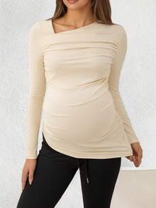 Top à manches longues asymétrique avec fronces au cou pour femmes enceintes, en tissu polyester extensible, ourlet régulier - Nude - Voir 4