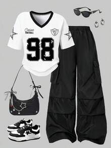 少女数字印花短袖T恤和工装裤套装 - 白色 - 查看 1