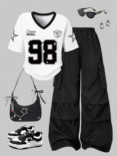 少女数字印花短袖T恤和工装裤套装