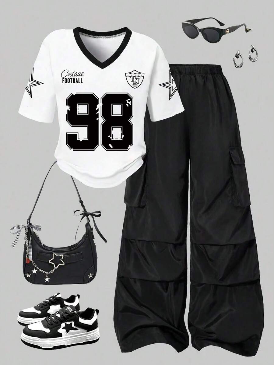 少女数字印花短袖T恤和工装裤套装 - 白色 - 查看 1