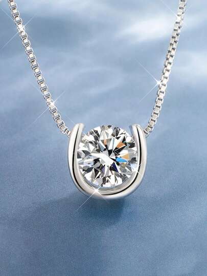 女士马蹄形项链 925纯银莫桑石幸运马蹄形项链 好运吊坠项链