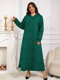 AZAH Chinese Spring Festival, 2026 Tops Green Dresses For Women Leopard Print Casual Long Dresses Women's Plus Size Green Leopard Print Knitted A Line Long Dress With Hood And Long Sleeves