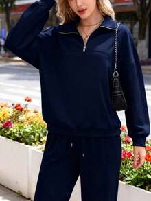 Ladies' New Autumn And Winter Half-Zip Stand-Up Collar Drop Shoulder Sweatshirt With Drawstring Waist Sweatpants Casual Suit