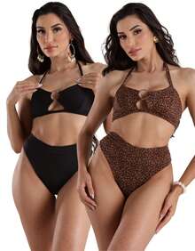 Kit 2 Biquini Feminino Animal Print Biquíni Hot Pants Biquíni Argola Amarrar Biquine Bikini Moda Praia - Preto e Onca - Visão 2