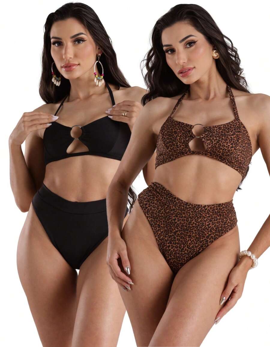 Kit 2 Biquini Feminino Animal Print Biquíni Hot Pants Biquíni Argola Amarrar Biquine Bikini Moda Praia