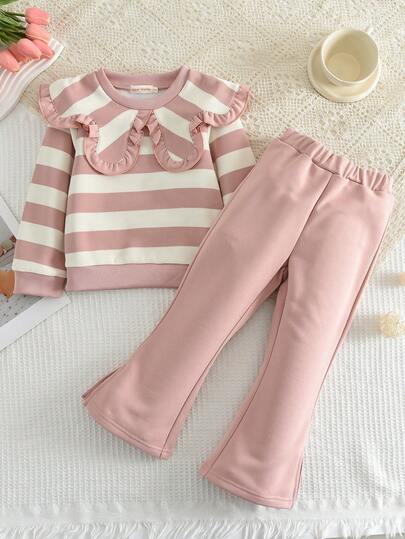 2件套幼儿女童休闲条纹翻领长袖上衣和纯色喇叭裤套装，春秋季