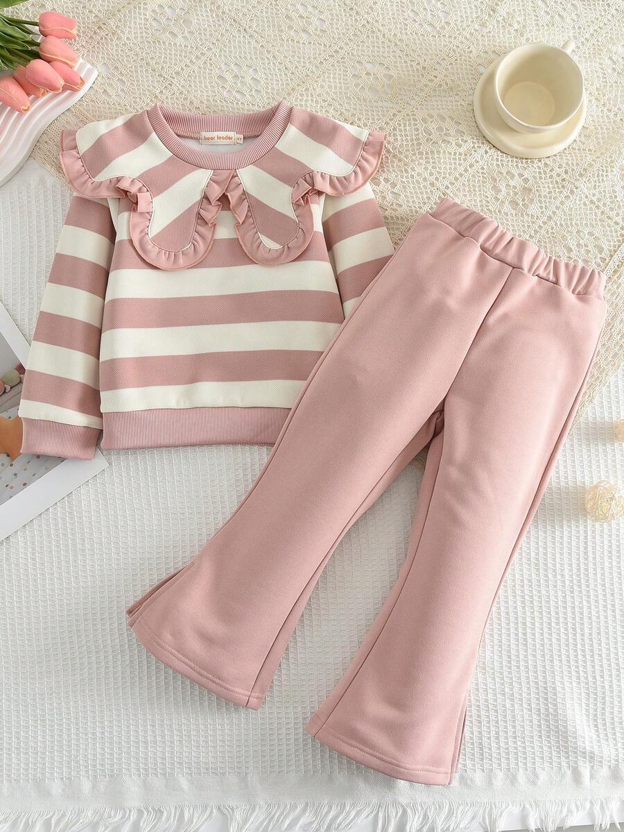 2件套幼儿女童休闲条纹翻领长袖上衣和纯色喇叭裤套装，春秋季 - 淺粉色 - 查看 1